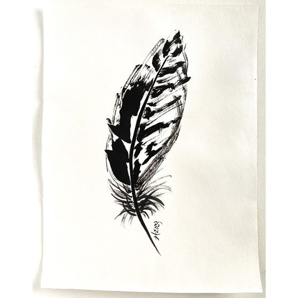 Feather Free Original Painting Ink on Rice Paper Matted 11x14in Frame Ready - Picture 2 of 5